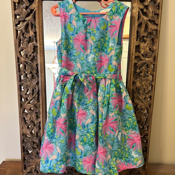 Mini Boden 7/8 Flamingo Linen Cotton Dress Tropical Blue and Pink Dress - Picture 1 of 4